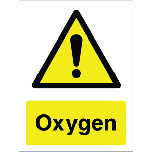 Warning sign with yellow background, black triangle, exclamation mark, and "Oxygen" text.