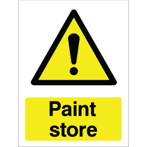 Warning sign with yellow background, black triangle, exclamation mark, and "Paint store" text.