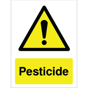 Warning sign with yellow background, black triangle, exclamation mark, and "Pesticide" text.