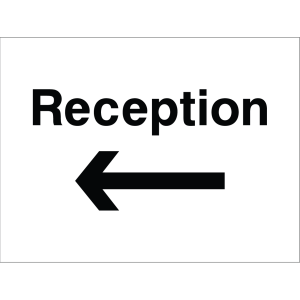 Sign showing the word "Reception" with an arrow pointing left, used to guide visitors to the reception area.