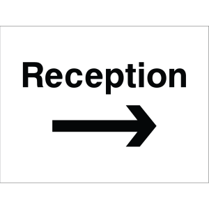 Sign showing the word "Reception" with an arrow, used to guide visitors to the reception area.