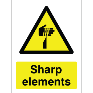 Warning sign showing a black triangle icon with a hand near sharp objects and the message: "Sharp elements" on yellow background, used to alert about sharp hazards.