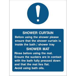 Sign with shower instructions: use curtain inside tray, rinse mat, press suckers, avoid oils.