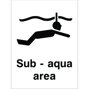 Sign showing a diver icon beneath water with the message: "Sub-aqua area" used to mark designated diving zones.
