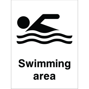 Sign showing a swimmer icon and the message: "Swimming area" used to mark designated swimming zones.