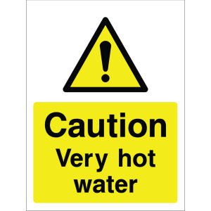 Warning sign indicating very hot water to prevent burns or injuries.