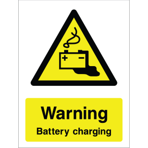 Warning sign showing a black triangle icon with a battery and charging symbol and the message: "Warning Battery charging." on yellow background, used to alert about battery charging hazards.