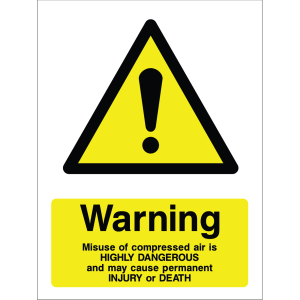 Warning sign with yellow background, black triangle, exclamation mark, and hazard warning text about misuse of compressed air.