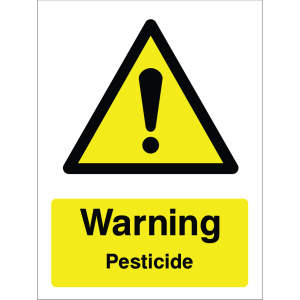 Yellow triangular warning sign with a black exclamation mark inside, accompanied by a rectangular yellow label below that reads "Warning Pesticide" in bold black text.