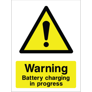 Warning sign showing a black triangle icon with an exclamation mark and the message: "Warning. Battery charging in progress." on yellow background, used to alert about battery charging hazards.
