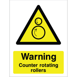 Warning sign showing a black triangle icon with two rollers and rotational arrows, and the message: "Warning Counter rotating rollers" on yellow background, used to alert about rotating machinery hazards.