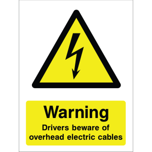 Warning sign featuring a lightning bolt icon and the message: "Warning. Drivers beware of overhead electric cables" on yellow background, used for safety around overhead power lines.