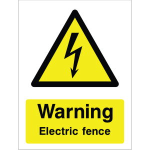 Warning sign featuring a lightning bolt icon and the text: "Warning. Electric fence" on yellow background, used for safety around electrified fencing.