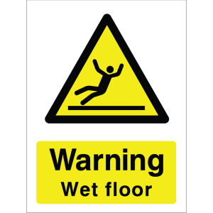 Warning sign showing a black triangle icon with a slipping person and the message: "Warning. Wet floor." on yellow background, used to alert about slippery hazards.