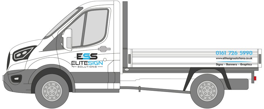 Ford Transit dropside with printed graphics over factory paint by Elite Sign Solutions, Manchester