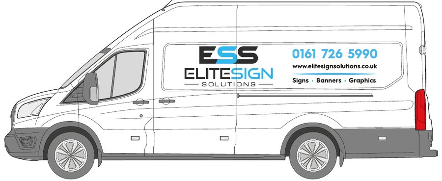 Ford Transit long-wheelbase high-roof van with printed graphics over factory paint by Elite Sign Solutions, Manchester