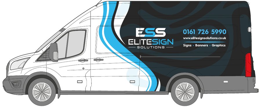 Ford Transit long-wheelbase high-roof van with a half wrap in printed vinyl by Elite Sign Solutions