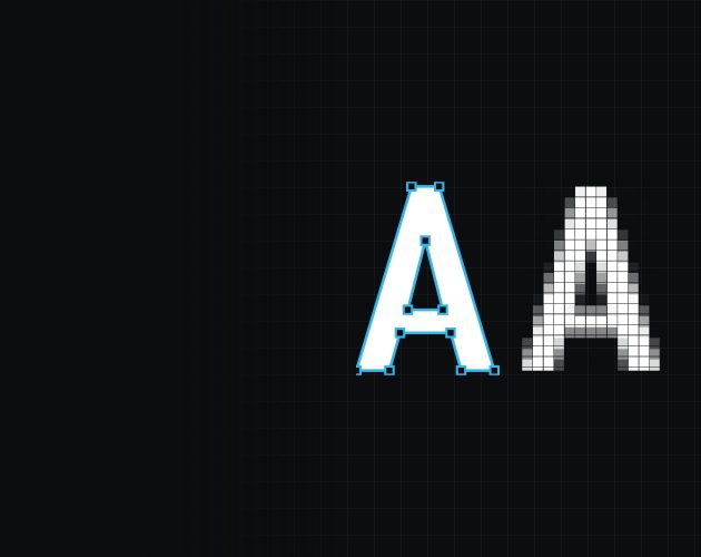 Dark cover graphic showing the letter A twice — once as a vector outline with its cyan cut path and editable points, once locked to a coarse grid of pixels.